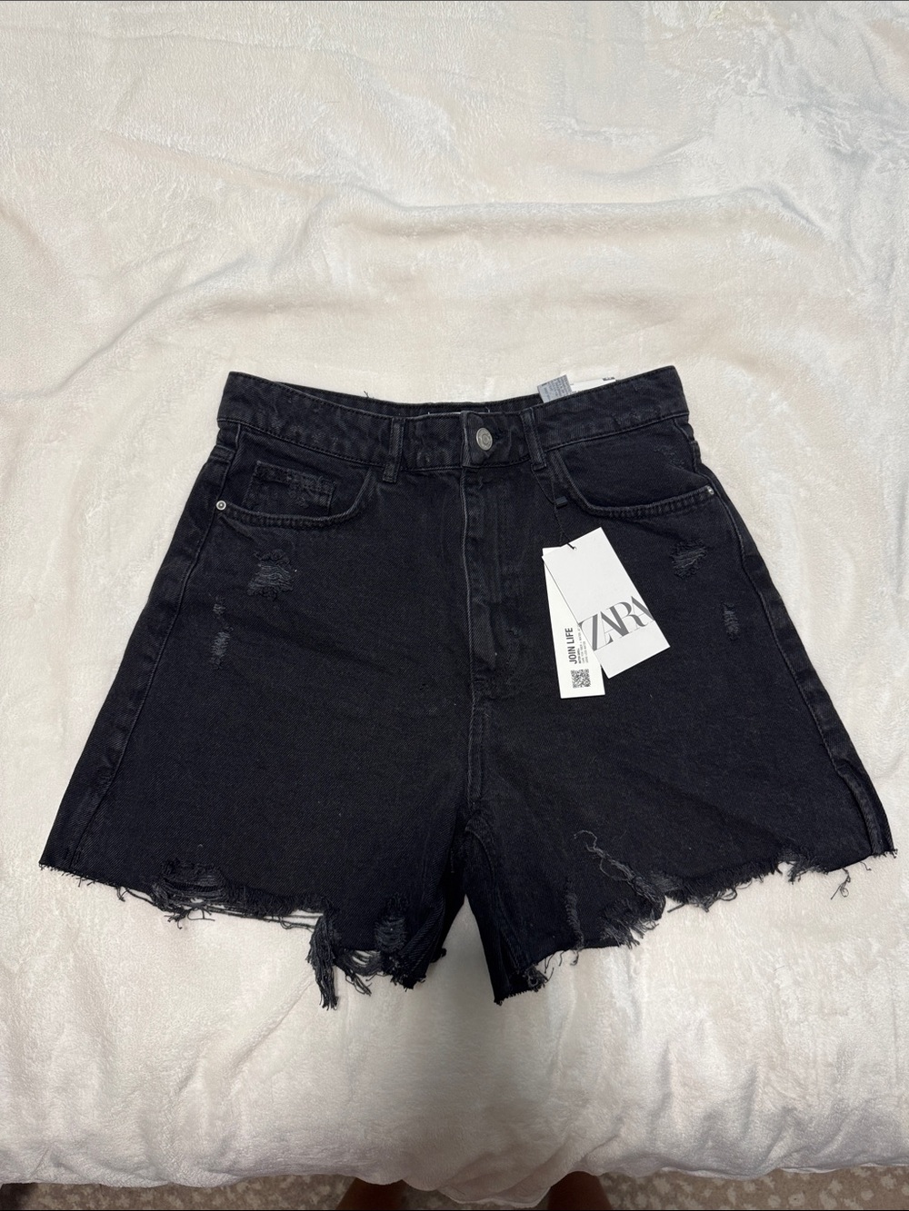 Zara Black Distressed High-Rise Denim Shorts